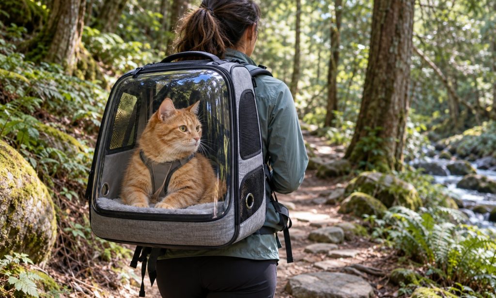 Relaxed orange tabby in a ventilated backpack carrier on a shaded forest trail