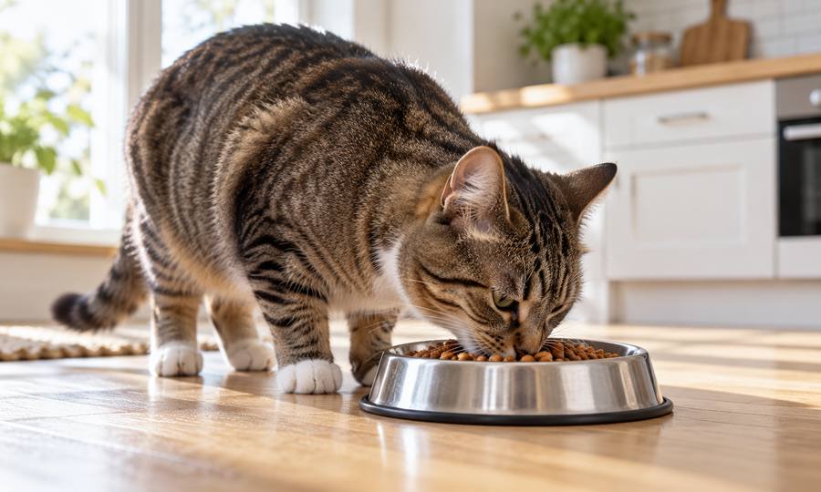 Adult tabby eating from a shallow stainless steel cat food bowl
