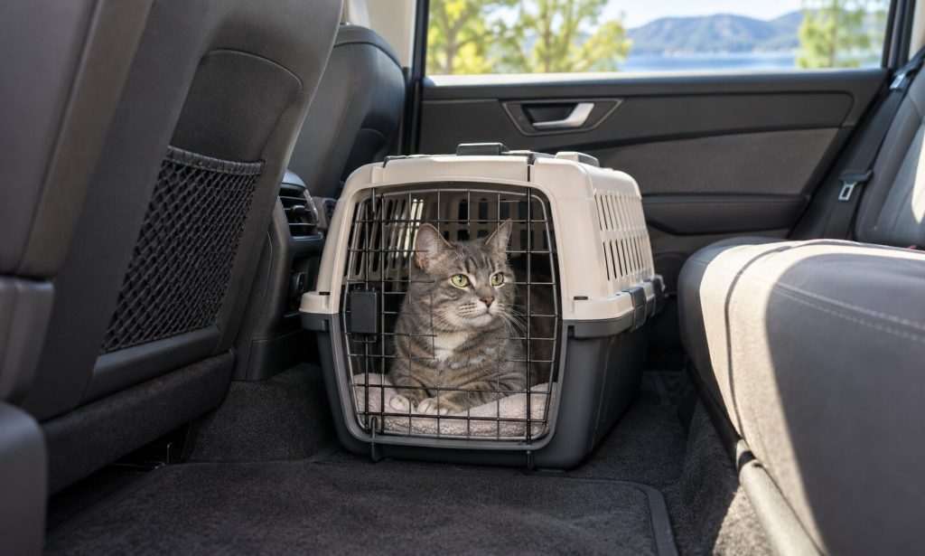 Gray tabby cat resting in a ventilated carrier on the rear floor of a car