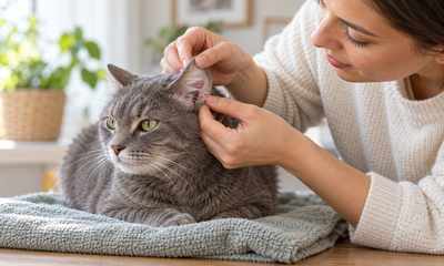 Caregiver gently checks the outer ear of a calm gray cat
