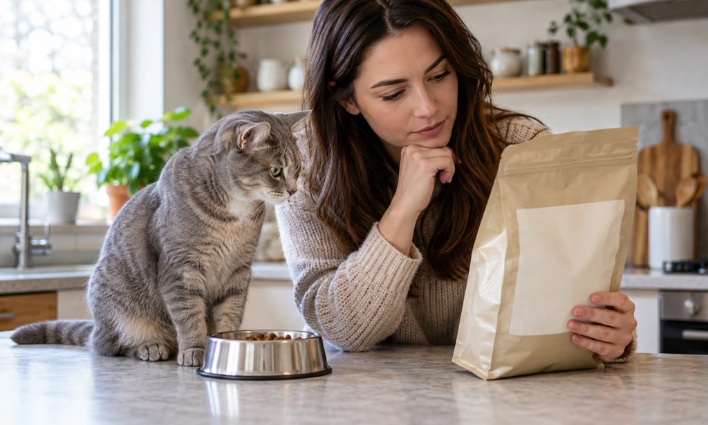 Caregiver and cat reviewing an unbranded cat food label