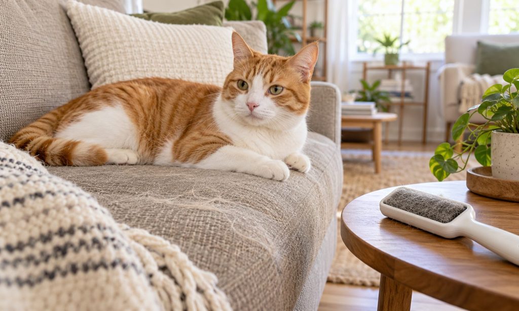 Ginger-and-white cat on a sofa with loose fur visible on the upholstery