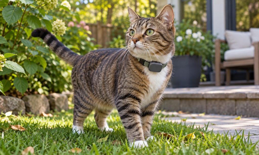 Tabby cat wearing a GPS tracker collar outdoors