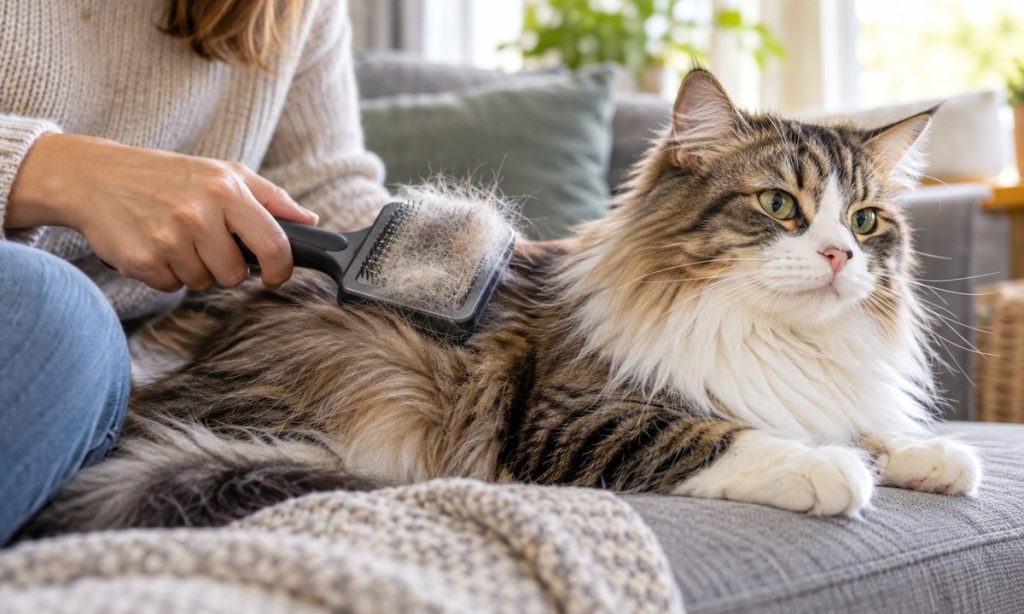 A long-haired cat is gently brushed to remove loose fur