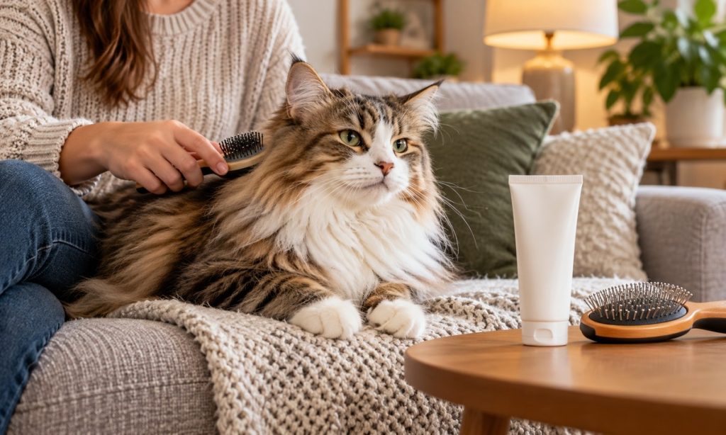 Long-haired cat being brushed beside a hairball gel tube