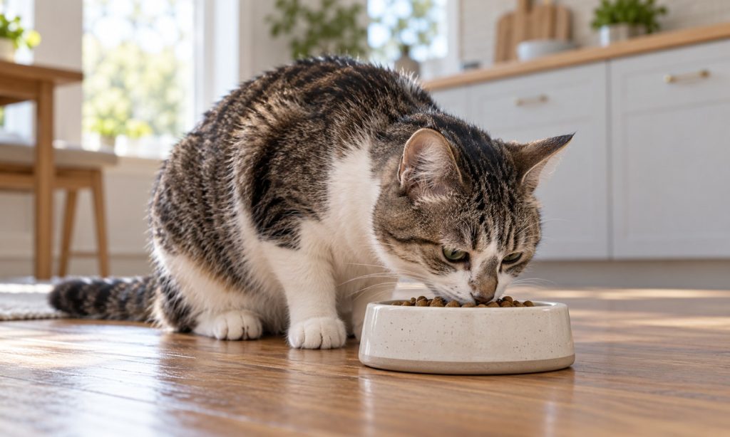 A senior cat eating kibble from a bowl in a quiet home kitchen