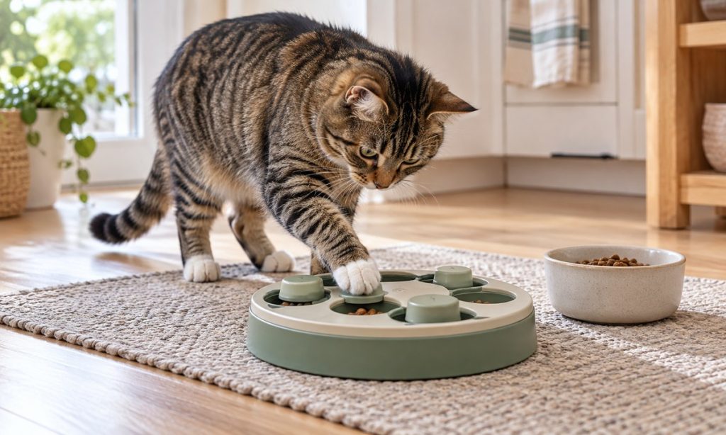 A tabby cat investigates a food puzzle feeder