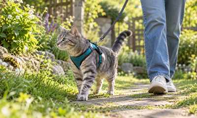 Tabby cat wearing a fitted harness and leash on a supervised garden walk
