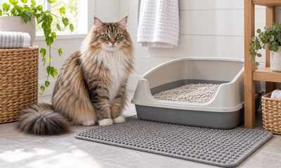 Fluffy long-haired cat beside a clean open litter box and mat