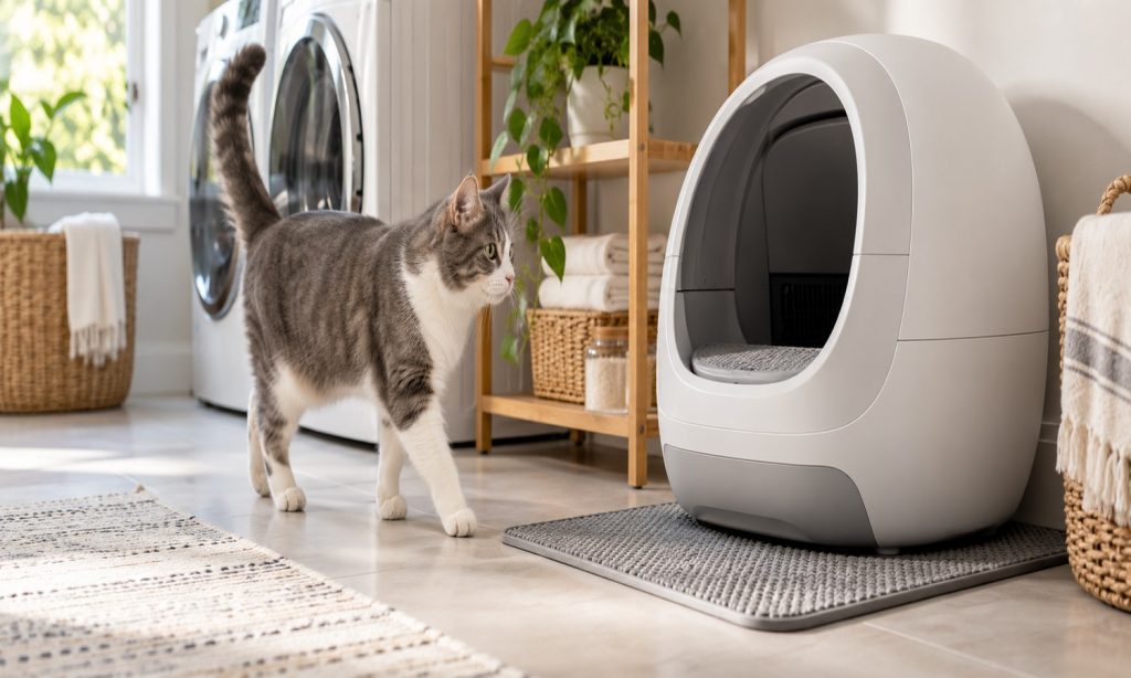 Gray and white cat beside a clean litter box in a bright home
