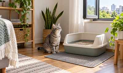 Gray tabby near a clean litter box and mat in a tidy small apartment