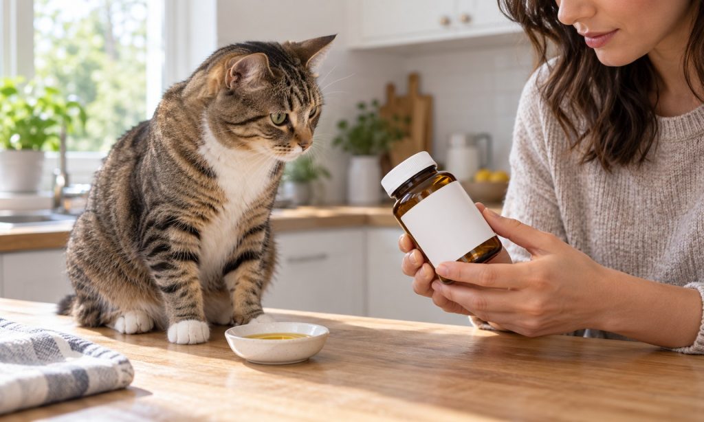 Owner reviews a blank omega-3 supplement bottle beside a tabby cat
