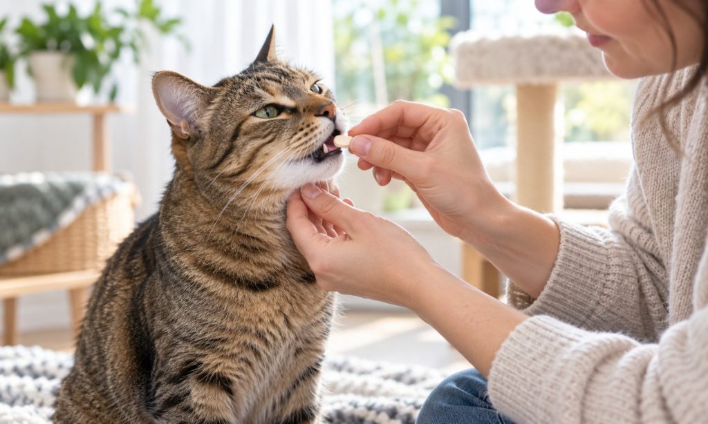 A tabby cat calmly taking an oral flea treatment tablet at home