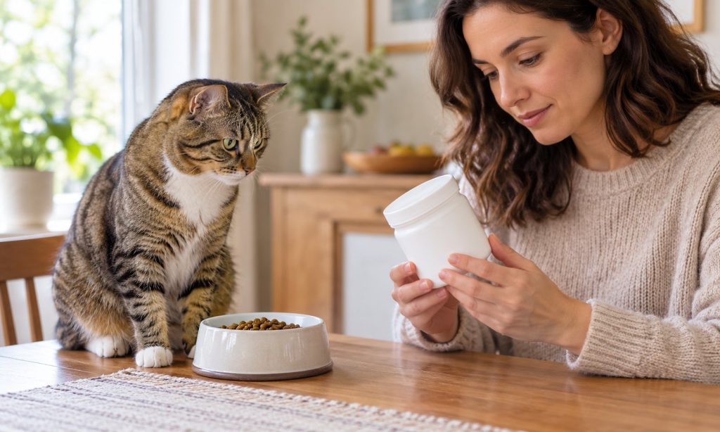 Owner reads a plain probiotic supplement jar beside a tabby cat and food bowl
