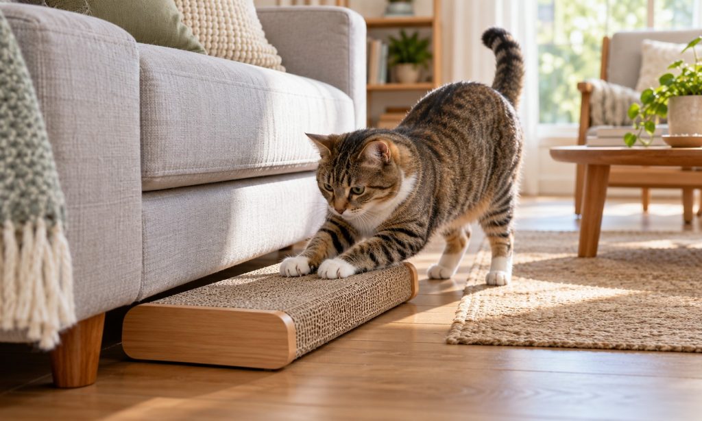 Cat using a compact horizontal scratch pad beside a sofa in a bright apartment