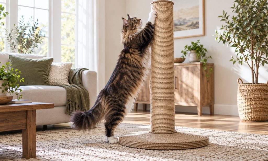Large cat stretching to scratch a tall, stable sisal post
