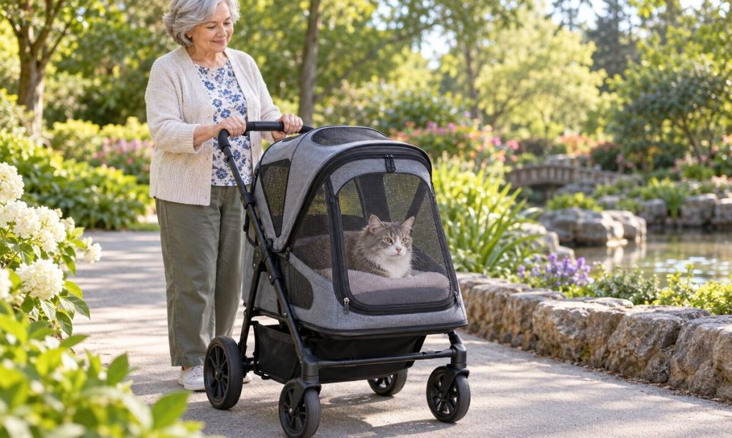 Senior cat sitting inside an enclosed cat stroller on a smooth garden path