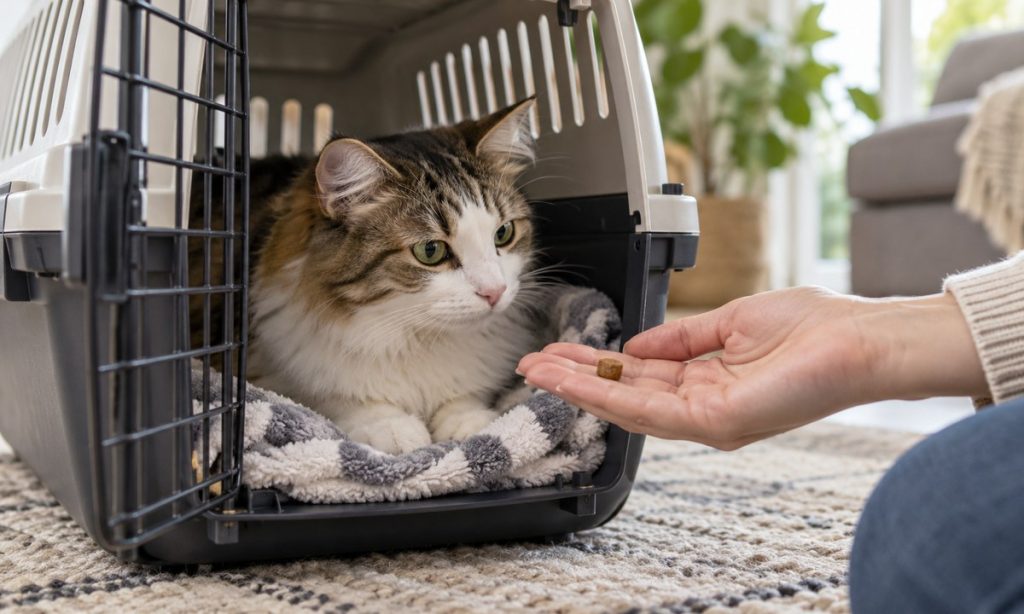 A calm cat looks at a treat beside an open travel carrier