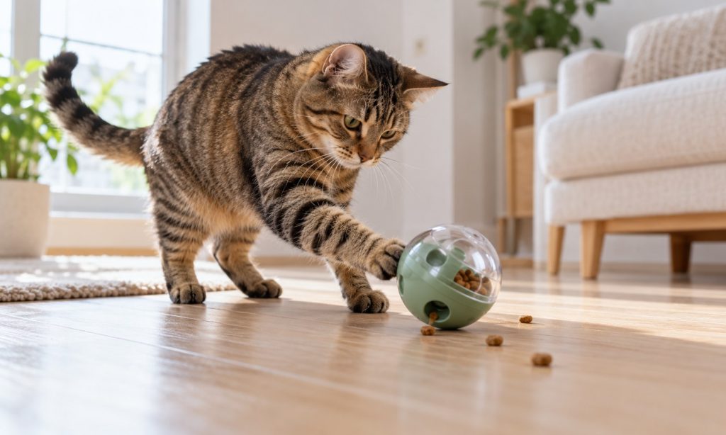 Brown tabby cat batting a treat dispensing ball on a wood floor