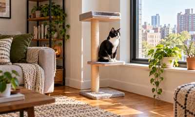 Tuxedo cat resting on a compact cat tree beside an apartment window