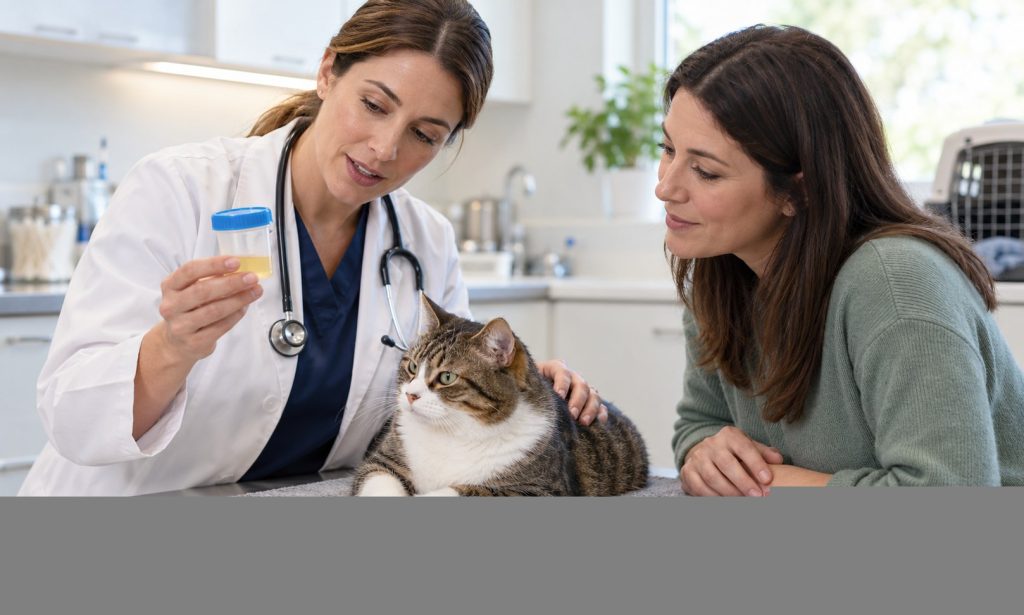 Veterinarian reviews a cat urine sample with the caregiver