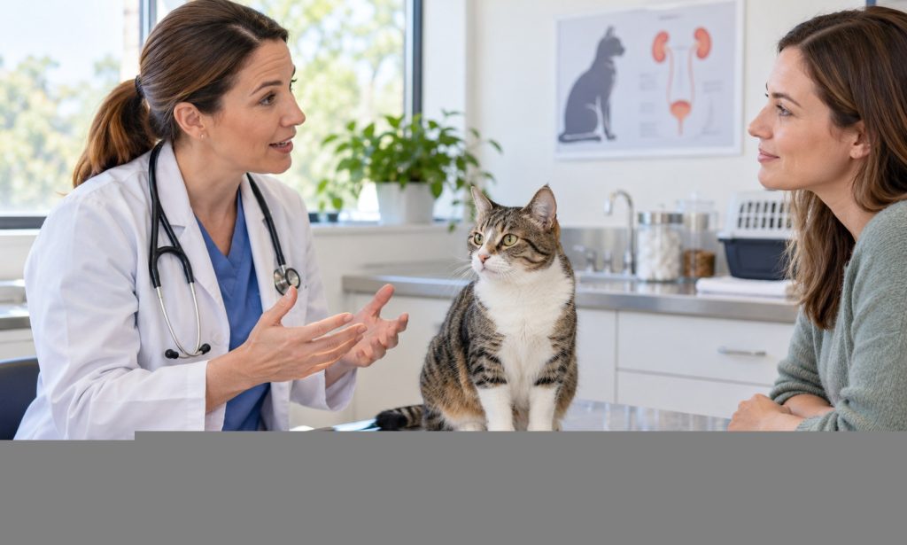 Veterinarian discusses urinary health and diet with a cat's caregiver