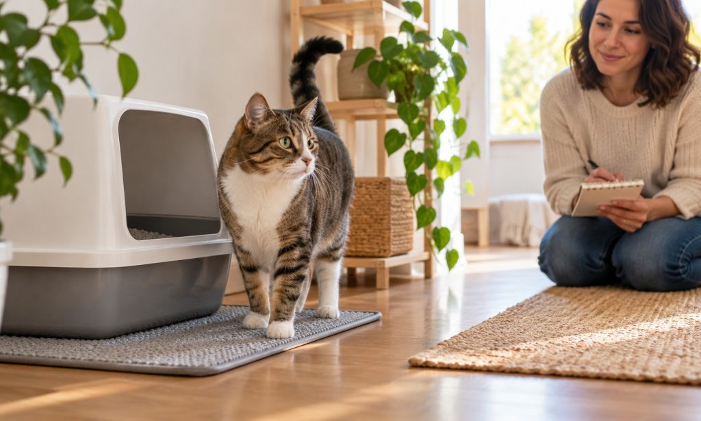 Cat beside a clean litter box while its caregiver notes urinary habits