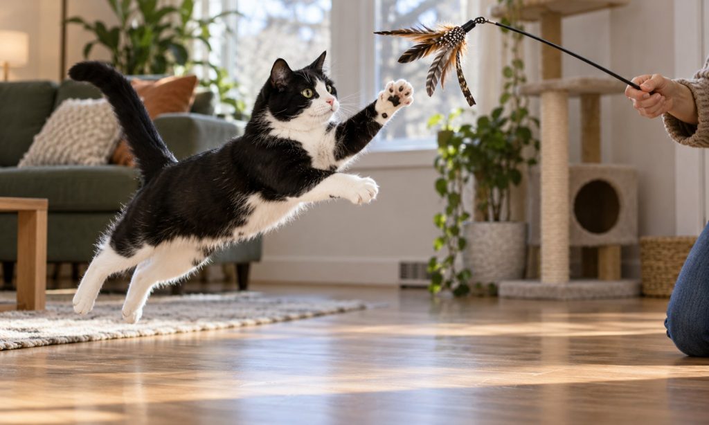 Black and white cat jumping for a wand toy lure during supervised play