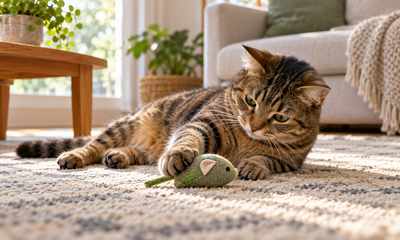 Adult tabby batting an intact soft catnip toy on a rug