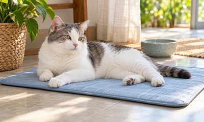 White and gray cat resting on a cooling mat in a shaded summer room