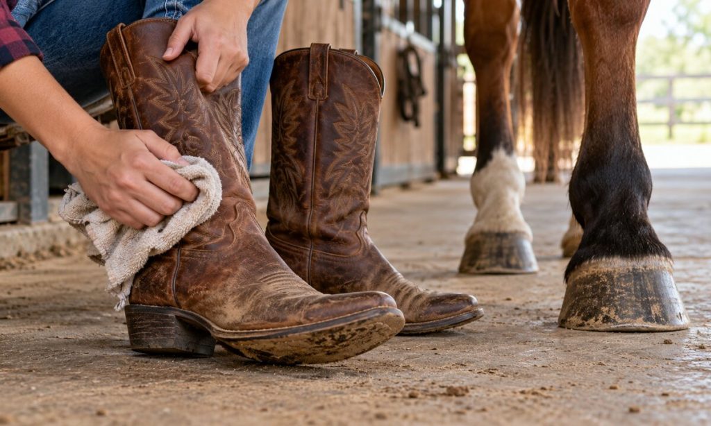 A rider wipes dust from an unbranded western riding boot in a horse barn