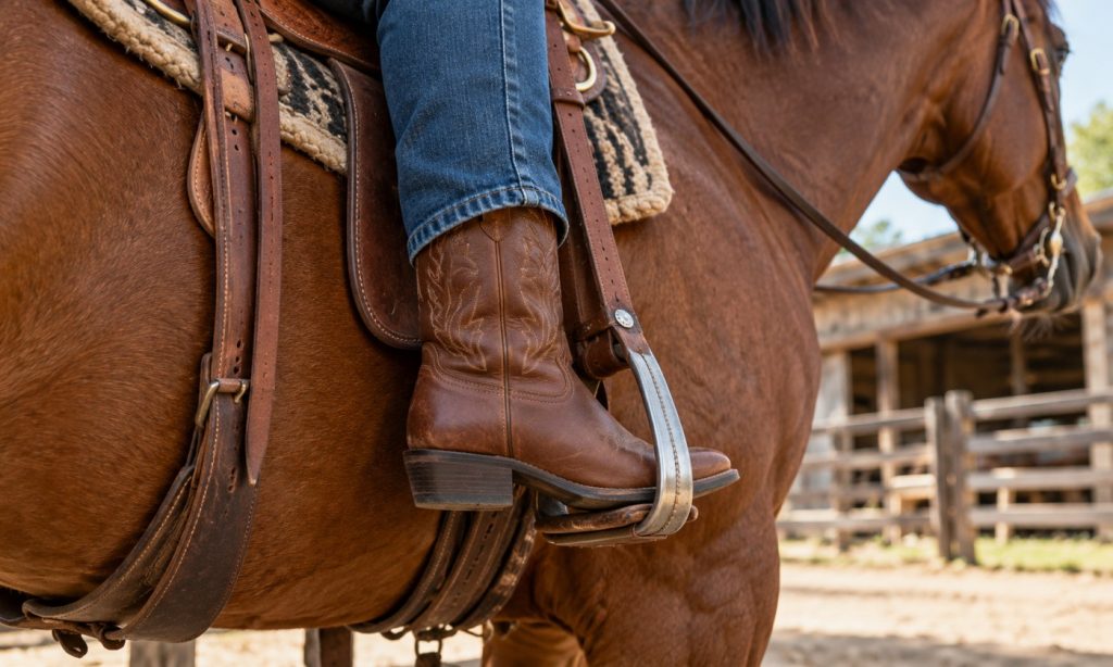 Cowboy riding boots resting correctly in horse stirrups during a stationary fit check