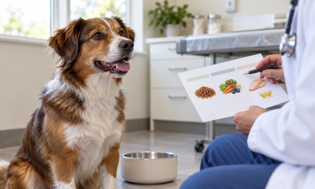 Dog with veterinarian reviewing feeding considerations during a health consultation