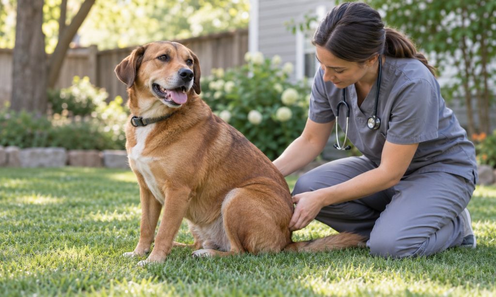 Veterinary professional visually examining a calm dog’s hindquarters outdoors