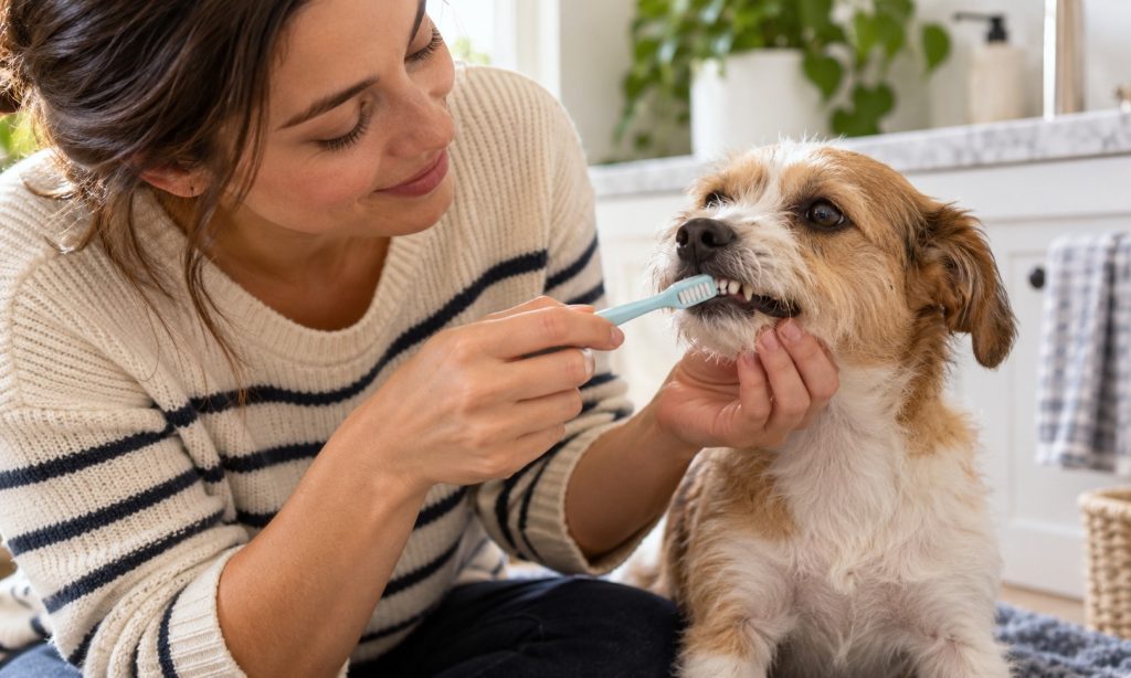 Owner gently brushing a calm dog's teeth at home