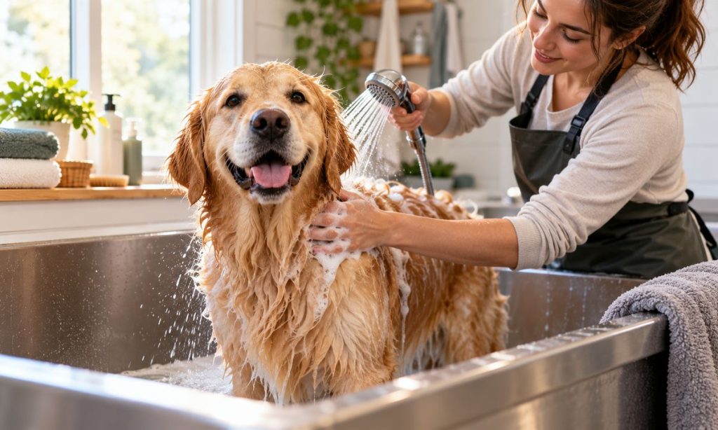 A golden retriever receives a gentle bath in a clean grooming tub.