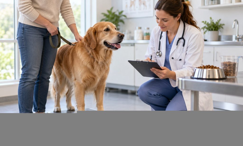 Veterinarian checks a dog's weight and nutrition plan