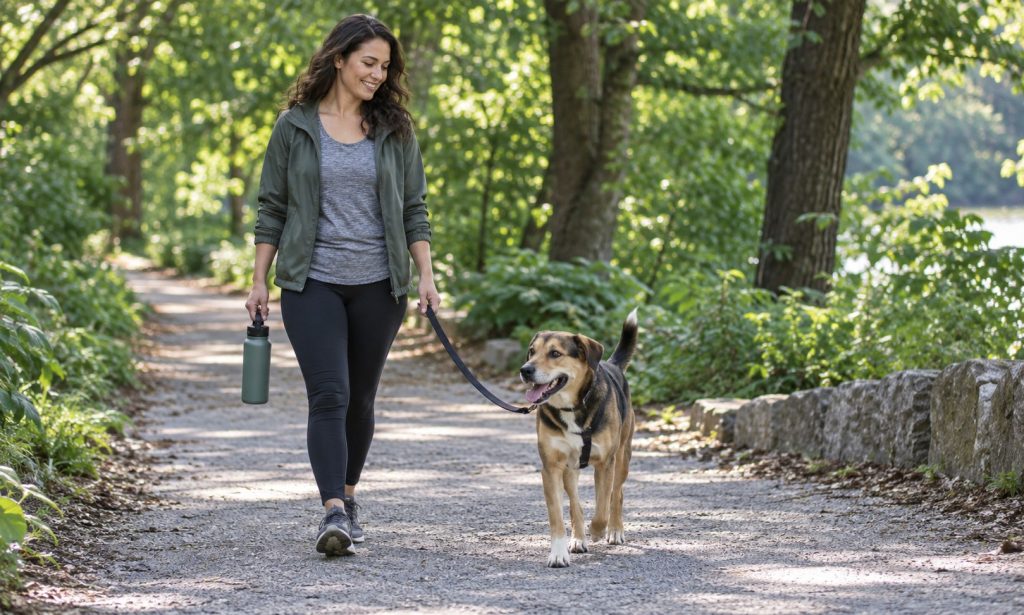Dog walking beside its owner on a shaded park path