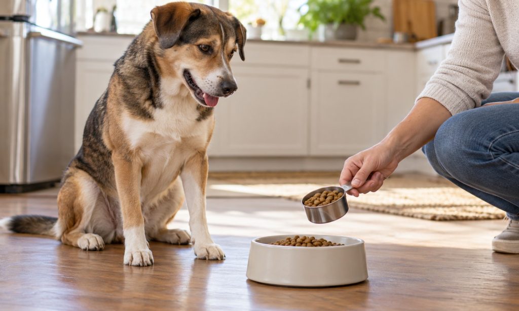 Healthy dog beside a measured bowl of food in a home kitchen