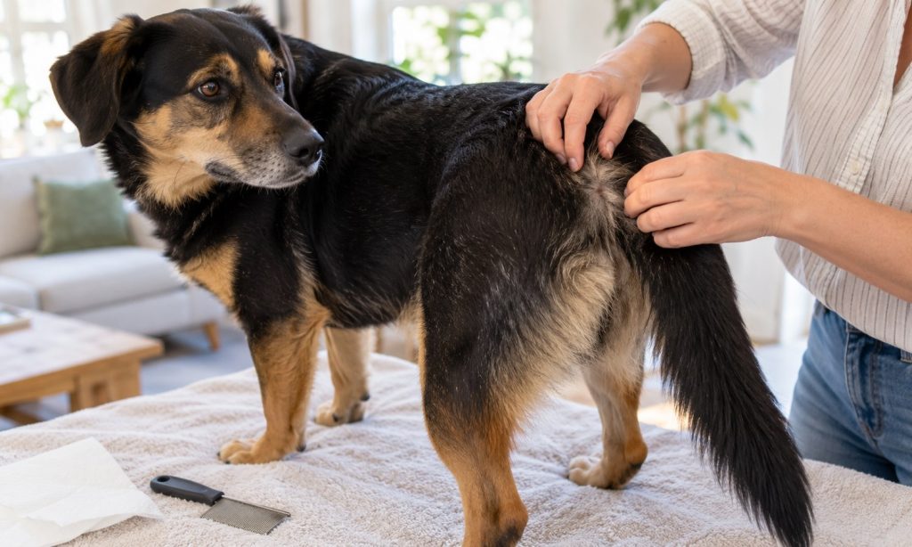 Owner checking a dog’s fur with a flea comb during a home skin inspection
