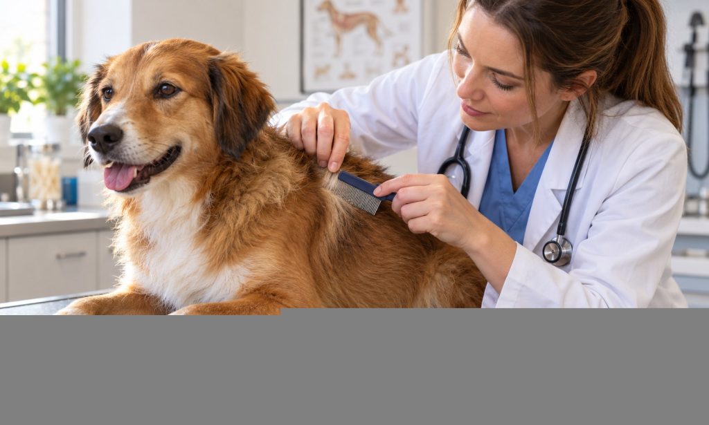 Veterinarian checks a dog's coat with a flea comb
