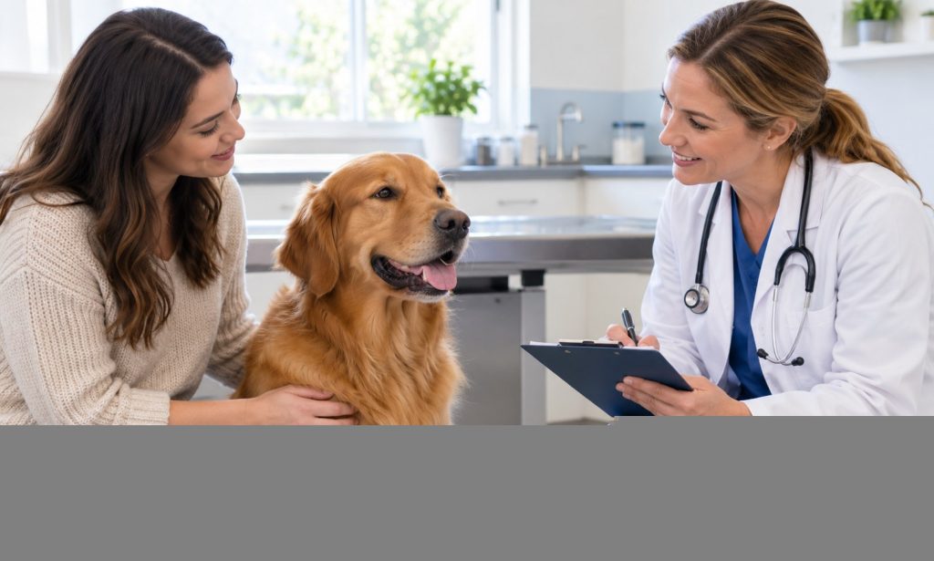 Veterinarian discusses a dog's diet with the caregiver