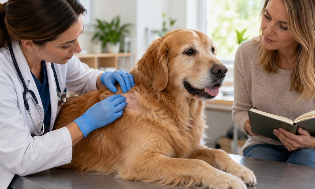 Veterinarian examining a dog for itchy skin while the owner reviews its food history