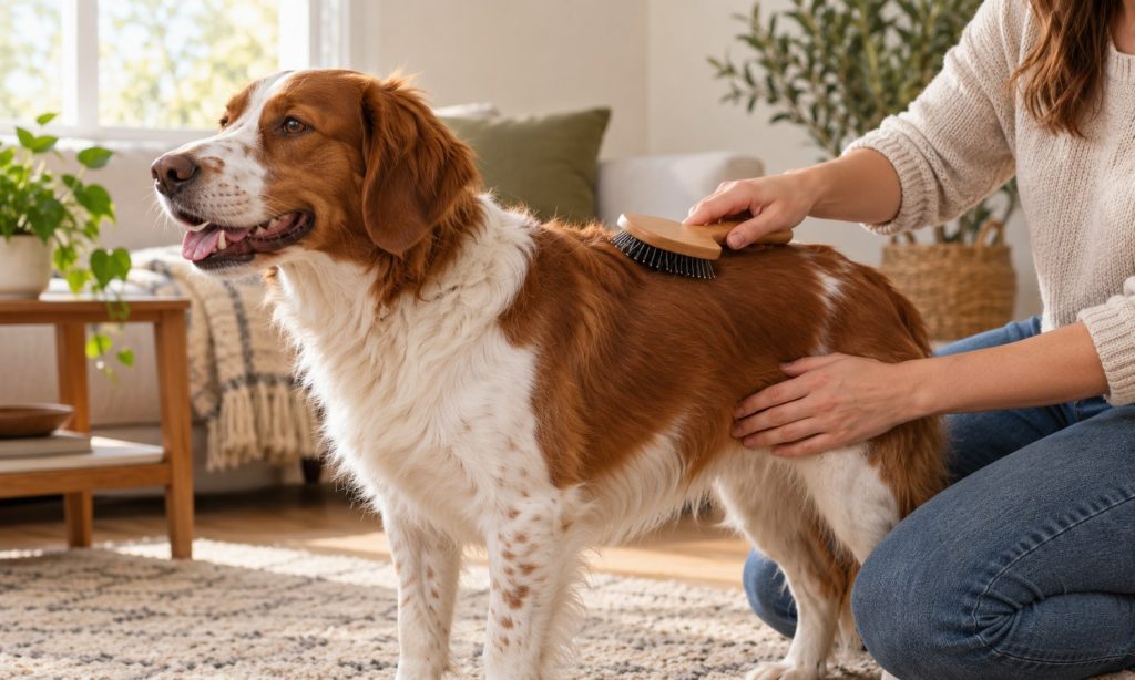 A calm dog receiving a gentle brush at home