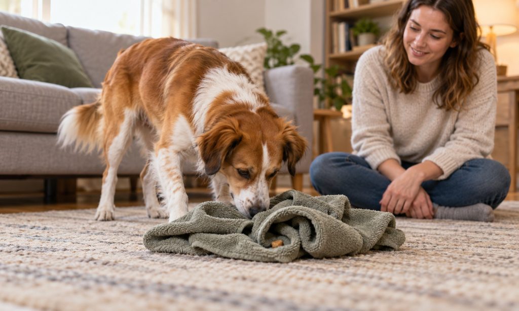 Dog using its nose to find a treat in a supervised towel puzzle