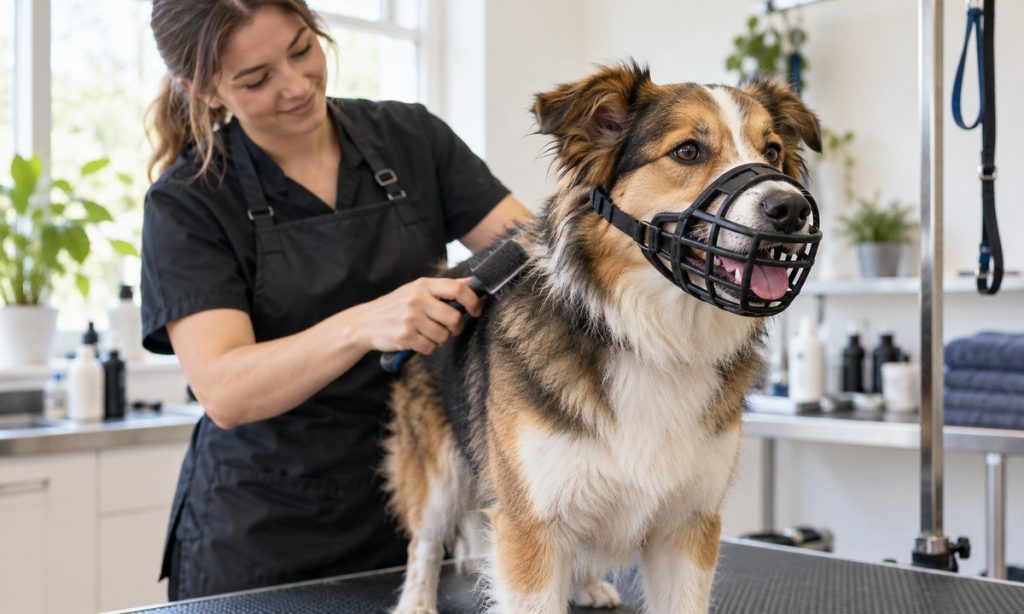 Calm dog wearing an open basket muzzle during grooming
