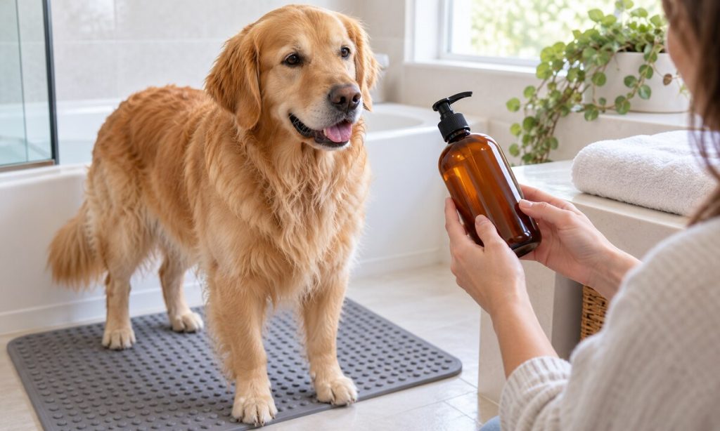 A golden retriever waits calmly beside an unbranded shampoo bottle during bath time.