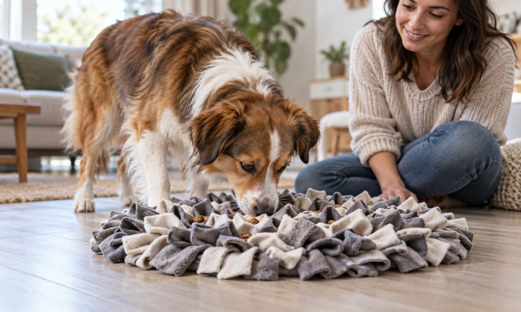A dog sniffs for kibble in a fabric snuffle mat