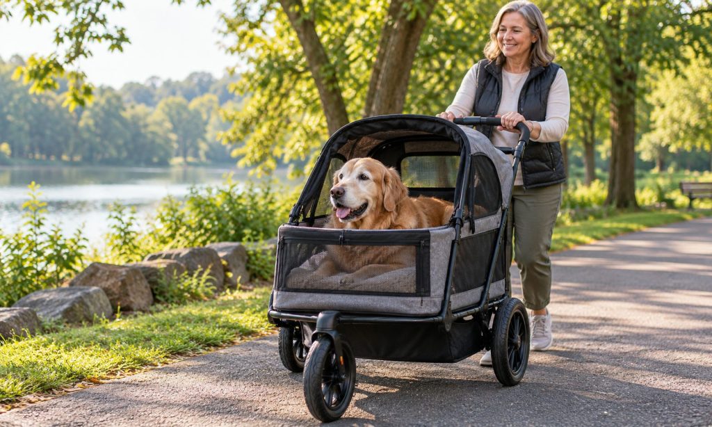 Senior golden retriever riding comfortably in a dog stroller on a park path