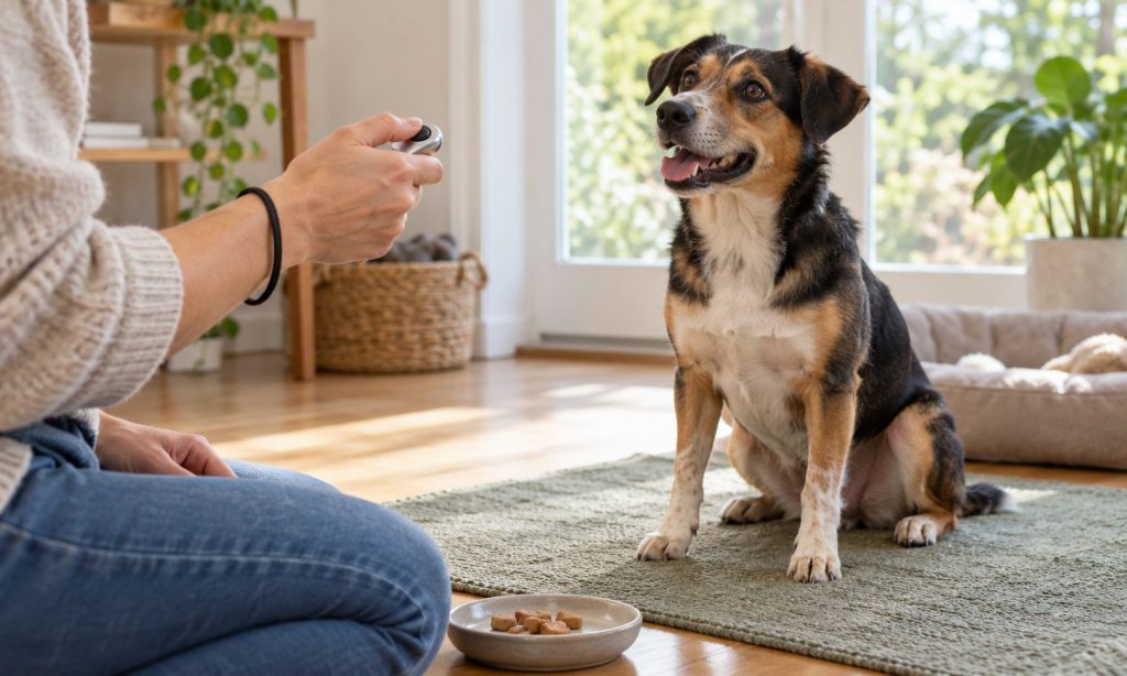 Dog sitting attentively as a handler holds a clicker during a reward-based training session